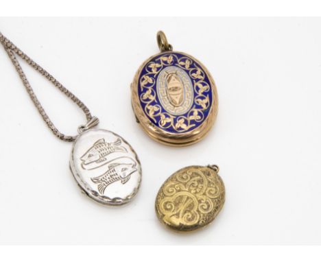 A contemporary silver locket and silver chain, a 19th Century gold fronted and enamel locket and another engraved locket (3) 