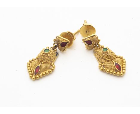 A pair of continental yellow metal filigree drop earrings, decorated with red and green enamel with post backs and screw butt