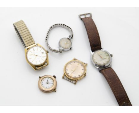 Five vintage watches, a Hamilton automatic, not running, a Malro, a Timex, an Oris and a gold plated trench style 