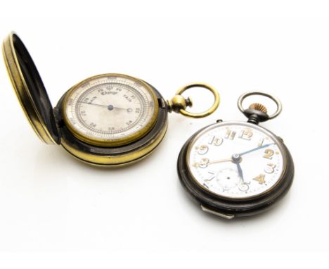 An early 20th century gun metal open faced pocket watch, appears to run, together with a brass T.W. Harling pocket barometer 