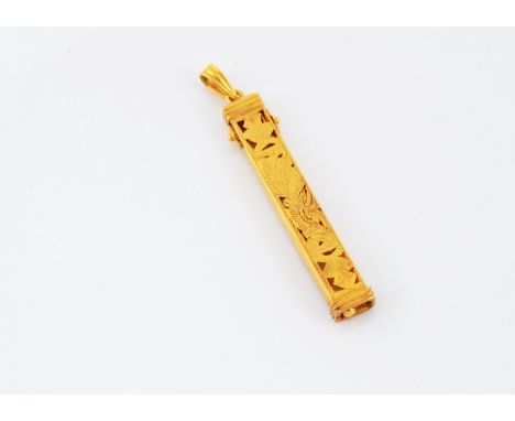 A 19th Century continental gold toothpick and ear wax remover, of rectangular column shape with pierced cut out and engraved 