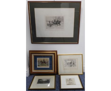 Five framed and glazed prints:JOHN KAY, copperplate etching, 'Vincent Lunardi's 1785 Ascent from Heriot's Hospital Green, Edi