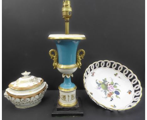 A group of three comprising:a French-Empire-style turquoise and gilded table lamp of campana form;a modern Herend fruit bowl 