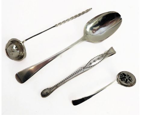 A silver group of four:a London 1778 toddy ladle;a London 1784 sifter spoon;a London 1814 tablespoon;a pair of sugar tongs.
