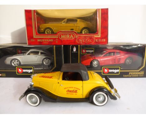 Four diecast model cars:a Burago Ferrari Testarossa (1984);a Burago Porsche Carrera (1993);a Solida Ford V8 Roadster (1934);a