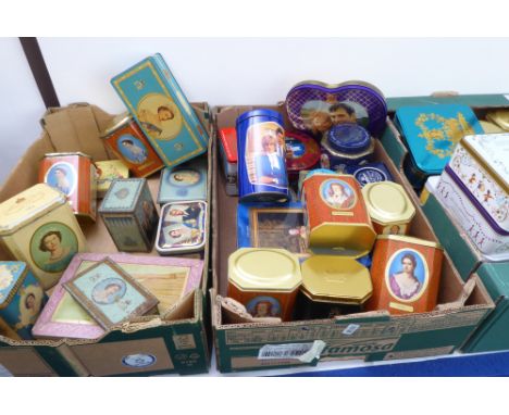 Ten 1953 Coronation tin boxes and caddies, a 1935 Silver Jubilee caddy and 34 later royal commemorative tins (45)