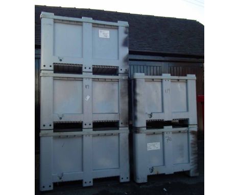 Five CT/R Grey plastic solid pallet bins or storage crate or box with covers,     Exterior dimensions 118cm x 100cm x 77cm   