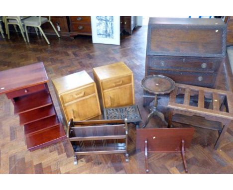 Two bedside light oak lockers, luggage rack, occasional wine table, magazine rack, bureau etc. Condition report: see terms an