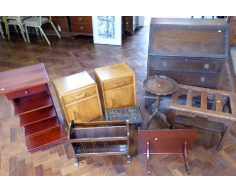 Two bedside light oak lockers, luggage rack, occasional wine table, magazine rack, bureau etc. Condition report: see terms an