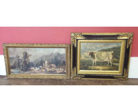 Continental School, 19th century, Rural scene with figures, oil on canvas and another by R. Laurens, cow in landscape, oil on