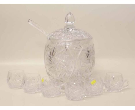 Cut glass punch bowl, lid, ladle and six glasses. Condition report: see terms and conditions