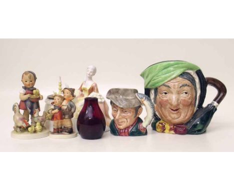 Royal Doulton small Flambe vase, also Meditation, two character jugs and two Hummel figures. Condition report: see terms and 
