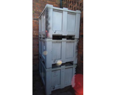 Three CT/R Grey plastic solid pallet bins or storage crate or box with covers,     Exterior dimensions 118cm x 100cm x 77cm  