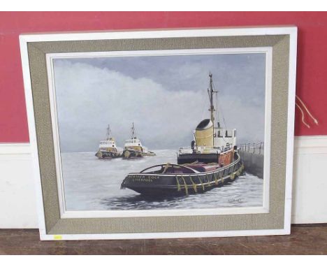 Framed oil painting Mersey river scene depicting a tug boat 'weather cock' signed Astbury. Condition report: see terms and co