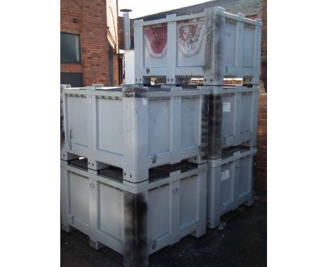 Five CT/R Grey plastic solid pallet bins or storage crate or box with covers,     Exterior dimensions 118cm x 100cm x 77cm   