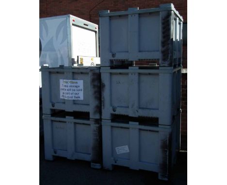 Five CT/R Grey plastic solid pallet bins or storage crate or box with covers,     Exterior dimensions 118cm x 100cm x 77cm   