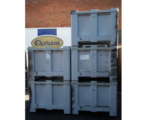 Five CT/R Grey plastic solid pallet bins or storage crate or box with covers,     Exterior dimensions 118cm x 100cm x 77cm   