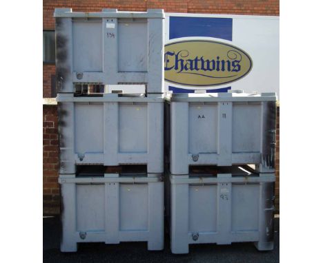 Five CT/R Grey plastic solid pallet bins or storage crate or box with covers,     Exterior dimensions 118cm x 100cm x 77cm   