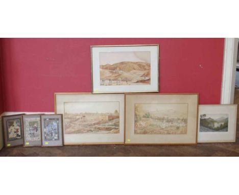 Three watercolours of Arabic landscapes one signed Gazel, also three other watercolours of Persian pottery and hunting scenes