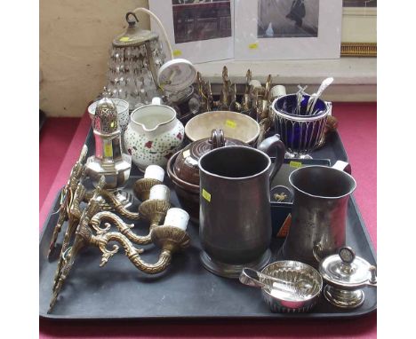 Collection of items including brass light fittings, pewter and copper ware, silver plated items, pottery items etc. Condition