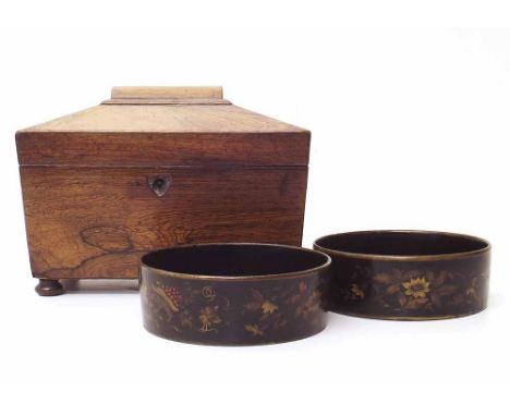 Pair of papier mache coasters and a rosewood tea caddy. Condition report: see terms and conditions