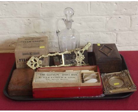 Collection of items including Mahjong game, Mary Gregory type ewer, model standard  steam engine, 'Glevum' dart box, brass ea