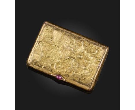 A gold and ruby cigarette case, Russia, circa 1912, of rectangular outline in gold samorodok, the hinged lid set with a caboc