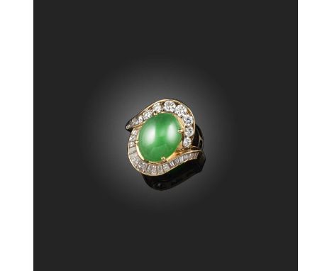 A jadeite and diamond cluster ring, the oval jadeite cabochon within twisted surround set with circular and baguette-shaped d