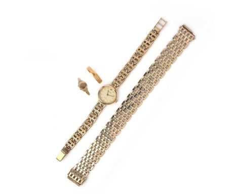 A collection of gold jewellery, comprising: a 9ct gold bracelet of gate link design, British hallmarks; a 9ct gold watch by A