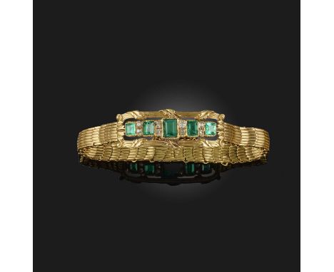 An emerald and diamond bracelet, France, first half 19th century, the front set with a sequence of five step-cut emeralds spa