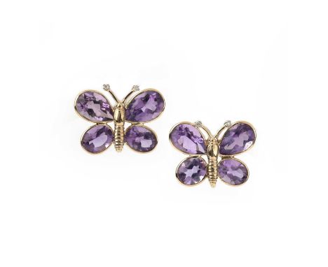 A pair of amethyst and diamond earrings, each designed as a butterfly, set with pear-shaped amethysts and brilliant-cut diamo