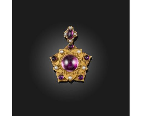 A Victorian amethyst and pearl pendant, mid 19th century, designed as a stylised flower to a quatrefoil bail, set with caboch