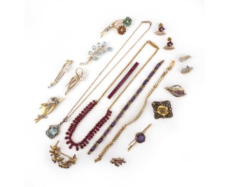 A collection of jewels including a brooch by E.Wolfe &amp; Co., comprising: a gold and diamond brooch designed as a sprig of 