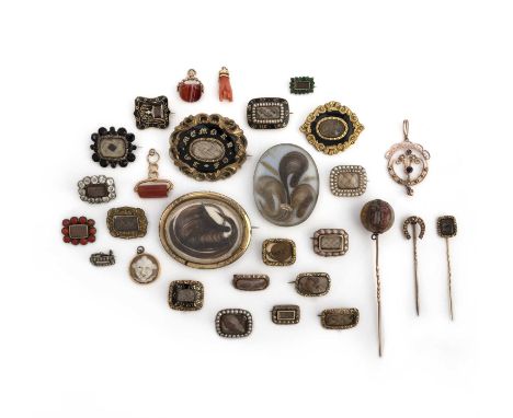λ A large group of jewels, 19th century, comprising: 22 mourning jewels containing woven hairwork, variously mounted in gold 
