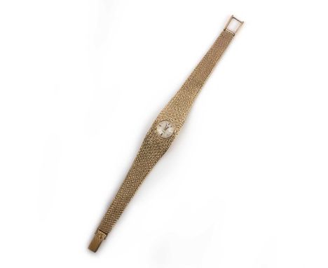 Omega, a lady's gold wristwatch, mid 20th century, the circular silvered dial with baton indicators, to an articulated mesh l