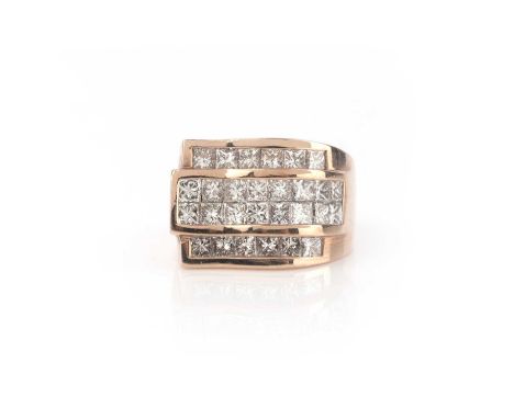 A gold and diamond ring, of wave design, channel-set with lines of princess-cut diamonds, mounted in rose gold, size S, stamp