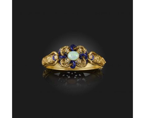 A Victorian opal and enamel-set gold bangle, set with a solid white opal cabochon within diamond and blue enamel scrolling su