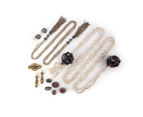 A collection of jewels, 19th and early 20th century, comprising: a cultured pearl scarf necklace terminating in two black ena