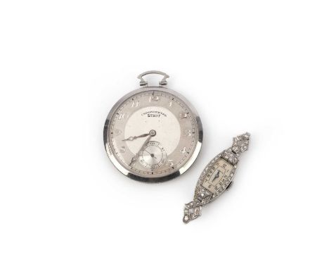 An Art Deco diamond pocket watch and diamond cocktail watch, 1930s, the pocket watch with a silvered dial, Arabic numeral ind