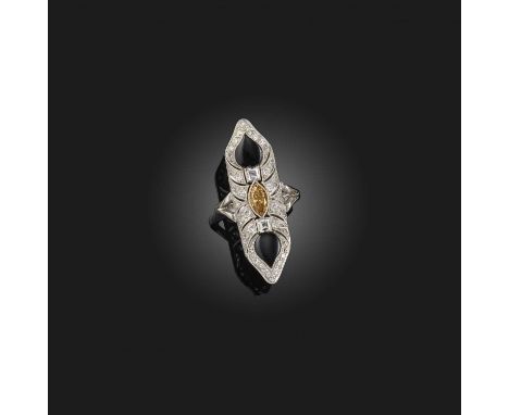 A diamond, coloured diamond and enamel ring, early 20th century and later, centring on a marquise-shaped diamond of brownish 