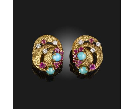 A pair of turquoise, ruby and diamond ear clips, French, third quarter 20th century, each of coiled design in textured gold, 