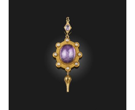 A Victorian amethyst and half pearl locket pendant, mid 19th century, centring on a cabochon amethyst in a foiled setting, wi