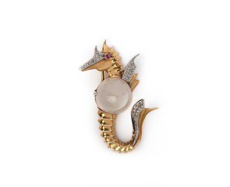 A Retro chalcedony and diamond brooch, 1940s, designed as a seahorse in polished gold, its body set with a cabochon of white 