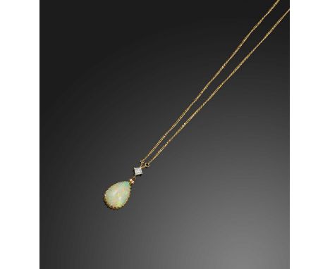 An opal and diamond pendant, the pendant set with a pear-shaped cabochon opal, suspended from a princess-cut diamond, to a cu