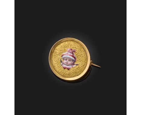 A gold and enamel brooch, late 19th century, the circular brooch centring on a painted enamel portrait of a child, to a groun