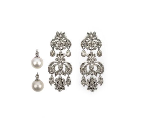 A pair of diamond and cultured pearl earrings, possibly 19th century and later, of chandelier design, set with rose-cut and c