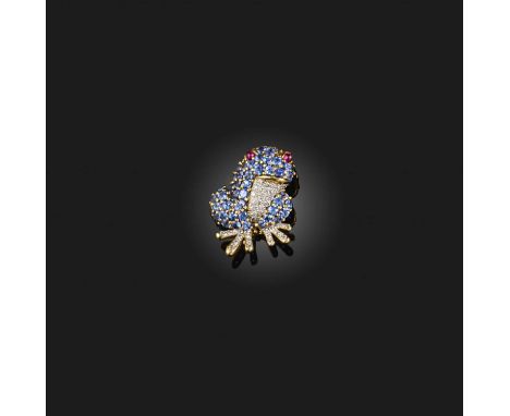 A sapphire, ruby and diamond brooch, designed as a frog, pavé-set with circular-cut sapphires and brilliant-cut diamonds, wit