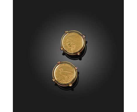 A pair of amethyst and gold coin cufflinks, each set with a gold coin depicting a Native American, dated 1914, within a gold 