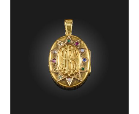 A gold and gem-set mourning locket pendant, late 19th century, of oval outline, centring on the entwined initals SRE, within 