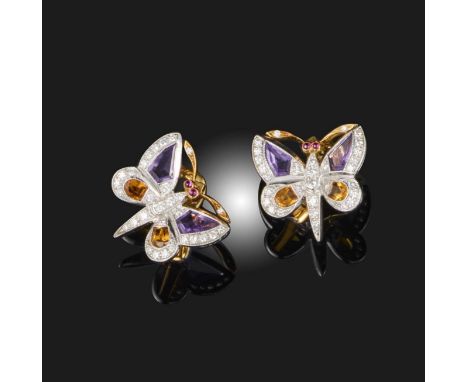 A pair of citrine, amethyst and diamond ear clips, each designed as a butterfly, their wings set with mixed-cut amethyst and 